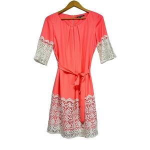 Gianni Bini Neon Pink Shift Dress Crochet Detail Short Sleeve sz Small